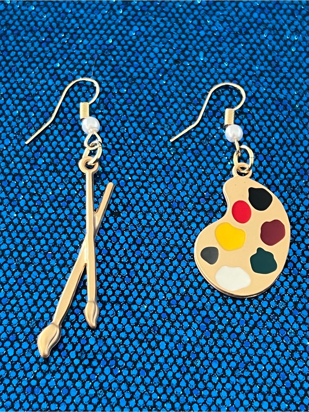 Gold Artist Palette and Brush Earrings - Colorful Paint Dangle